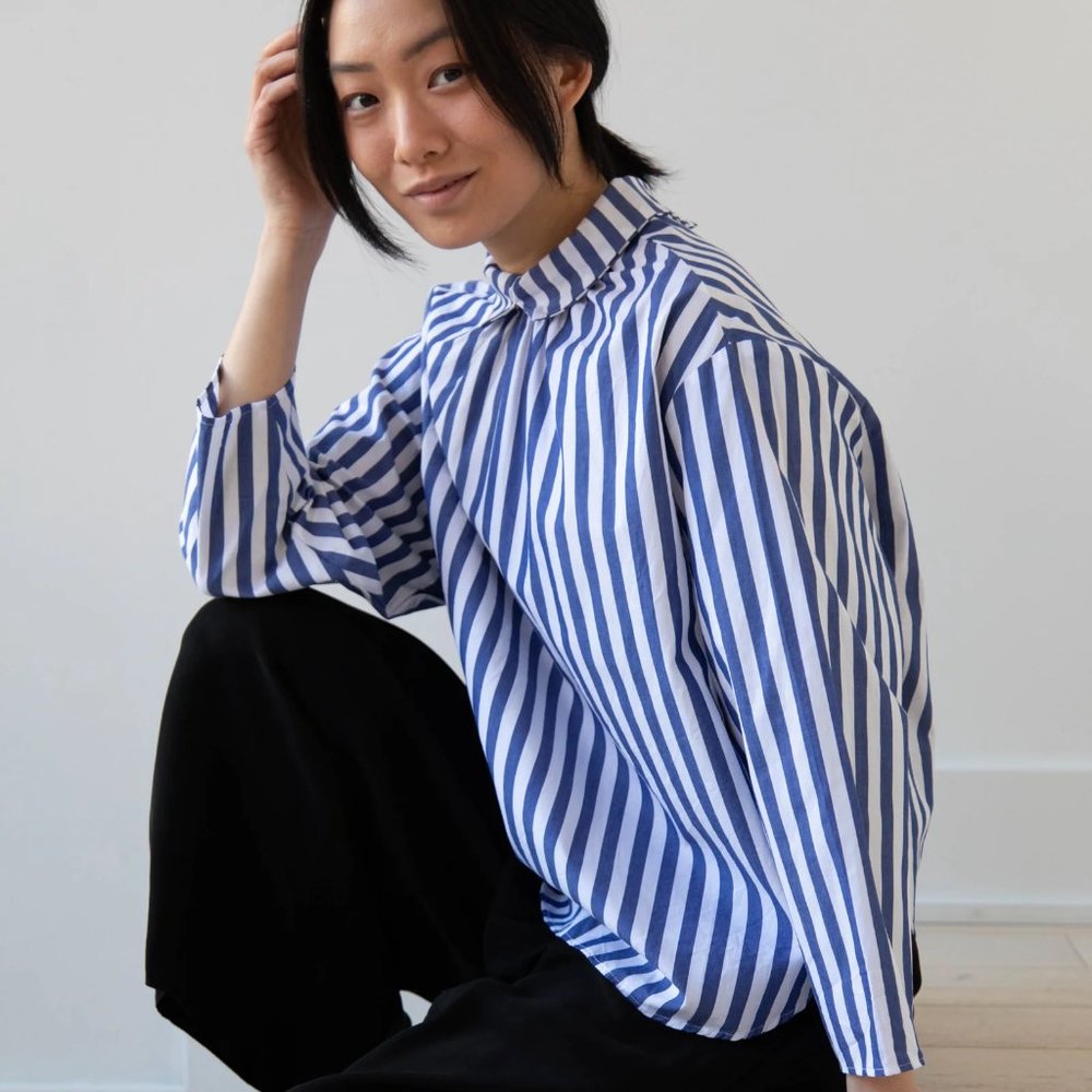 Gallego Desportes | Striped Button-Down Shirt | Blue and White
